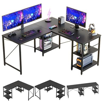 Bestier L Shaped Gaming Desk with Shelves 95.2 Inch Reversible Corner Computer Desk or 2 Person Long Table for Home Office Large Writing Storage Workstation P2 Board with 3 Cable Holes, Carbon Fiber | The Storepaperoomates Retail Market - Fast Affordable Shopping