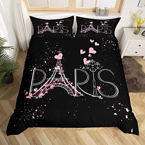 Paris Comforter Cover Set Full Size Eiffel Tower Bedding Set Kids Girls Black and Pink Chic Paris Bedroom Decor Duvet Cover Boys Teens Women Romantic Modern French Bedspread Cover with 2 Pillow Case