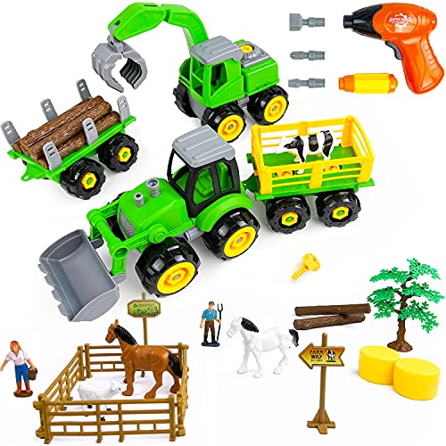 Take Apart Toys Play Farm Truck Tractor and Excavator Toy Set with Electric Drill, Farm Animals and Farm Accessories Included, STEM Learning Toys for Boys Girls Kids Toddlers Building Toy