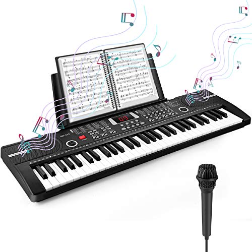 Heren 61 Keys Keyboard Piano, Electronic Digital Piano with Built-In Speaker Microphone, Sheet Stand and Power Supply, Portable Keyboard Gift Teaching for Beginners (Black)