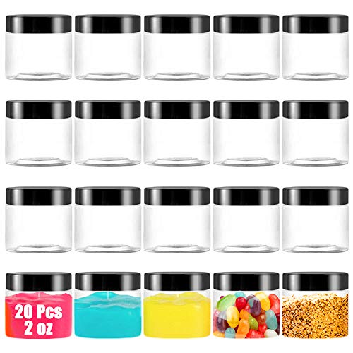20 Pack 2 oz Clear Plastic Round Slime Containers,Empty Plastic Storage Jars with Black Lids,Refillable Storage Container for Slime,Cosmetic,Cream,Paint,Jewelry