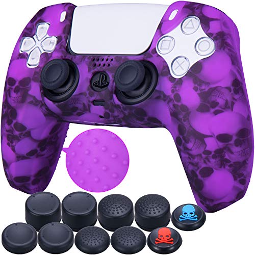 9CDeer 1 Piece of Silicone Transfer Print Protective Cover Skin + 10 Thumb Grips for Playstation 5 / PS5 / Dualsense Controller Skulls Purple