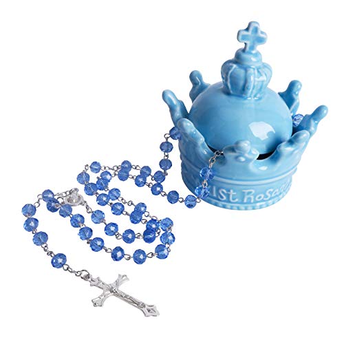 Vencer Ceramic Keepsake Box and Rosary Gifting Set, My First Rosary Cross for Boys and Girls,Blue,VBK-002B