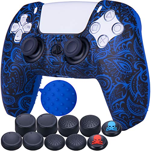 9CDeer 1 Piece of Silicone Transfer Print Protective Cover Skin + 10 Thumb Grips for Playstation 5 / PS5 / Dualsense Controller Foliage Blue