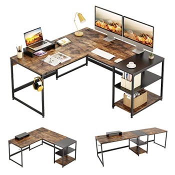 Bestier Industrial L Shaped Desk with Shelves 94.5 Inch Reversible Corner Computer Desk or 2 Person Long Table Office Writing Study Workstation with Monitor Stand and Headphone Hook, Rustic Brown | The Storepaperoomates Retail Market - Fast Affordable Shopping