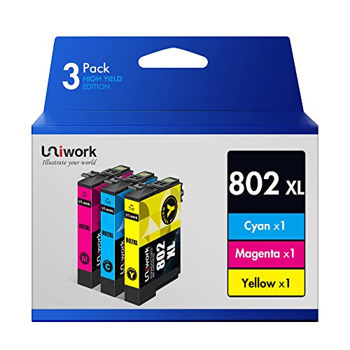 Uniwork Remanufactured Ink Cartridge Replacement for Epson 802XL 802 T802XL T802 use for Workforce Pro WF-4740 WF-4730 WF-4720 WF-4734 EC-4020 EC-4030 Printer (1 Cyan, 1 Magenta, 1 Yellow, 3 Pack)