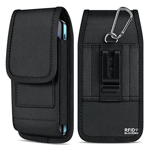 ykooe RFID Blocking Cell Phone Holster for iPhone 14 13 12 11 Pro Max, XR, XS Max, Samsung Galaxy S21 FE S20 S22 Ultra A12 A13 A53 A32 A52 A22 Nylon Belt Clip Loops Card Holder Pouch Case, Black