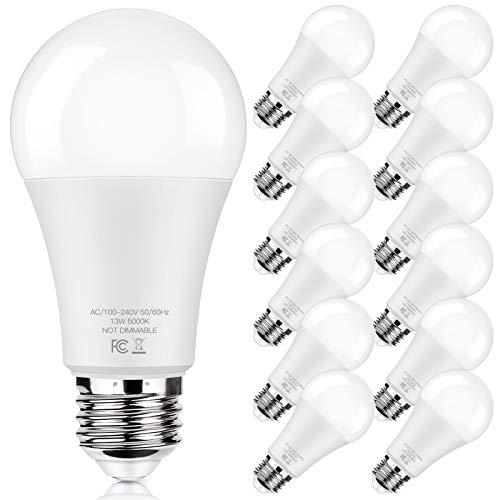 LED Light Bulbs 100W Equivalent 1500 Lumens, A19 13W 5000K Daylight White Non-Dimmable, Super Bright No Flicker Standard E26 Edison Screw Bulbs for Home, Bedroom, Office Lamp, 12-Pack