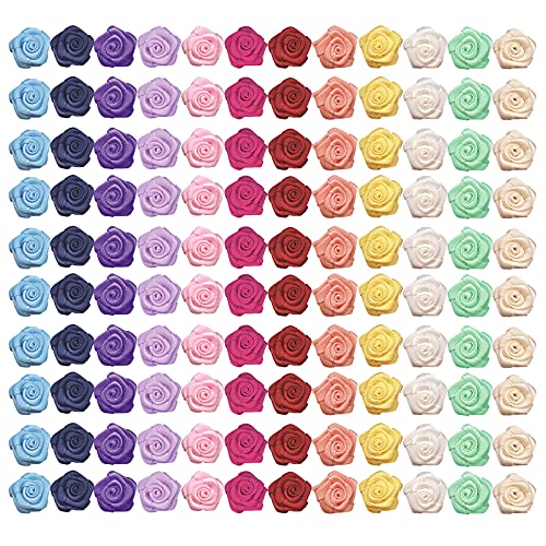 Mini Satin Ribbon Roses Mini Fabric Flowers for Crafts Multicolor Rose Ribbon Bows Small Rosettes Mini Flower Craft DIY Sewing Crafts Appliques for Wedding Bride Gift Wrapping Decoration 120 Pcs