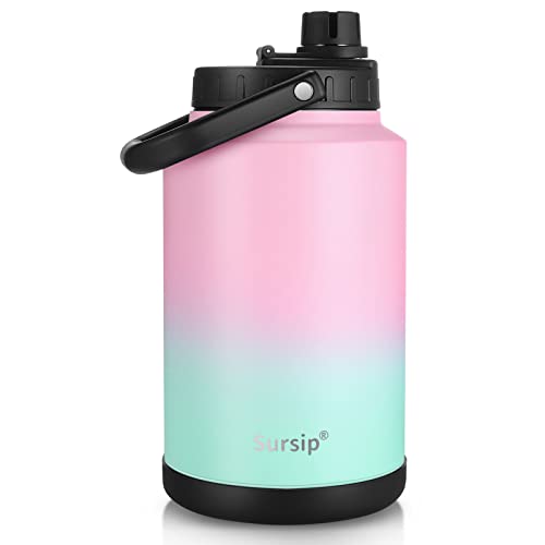 Sursip 128oz Vacuum Insulated Jug-One Gallon Double-Walled 18/8 Food-grade Stainless Steel, Hot/Cold Perfect for Travel, Camping, Sports, Outdoor, and Driving(Pink&Green)
