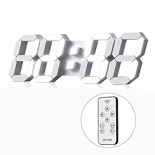 3D LED Digital Wall Clock Large Night Light Alarm Clock Office Bedroom Living Room Office time/Date/Temperature Color Display Brightness Adjustable 15 inch (White)