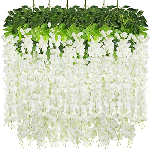 6 Pcak Artificial Wisteria Hanging Flowers Fake Silk Wisteria Garland Vines with White Semi-Sheer Swag for Outdoor Wedding Party Garden Decorations