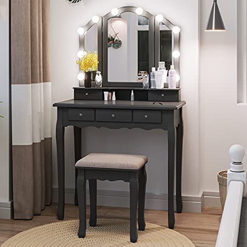 Tiptiper Makeup Vanity with Lights, Vanity Desk with 10 Light Bulbs & 3 Color Lighting Modes, Vanity Table with 5 Drawers and Cushioned Stool, Makeup Table with Tri-Fold Mirror for Women Girls, Black
