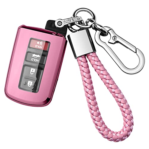 Autophone Compatible with Toyota Key Fob Cover with Keychain,Premium Soft TPU 360 Degree Protection Key Case for Tacoma Sequoia Tundra 4Runner Highlander RAV4 Camry Corolla Avalon Smart Key,Pink