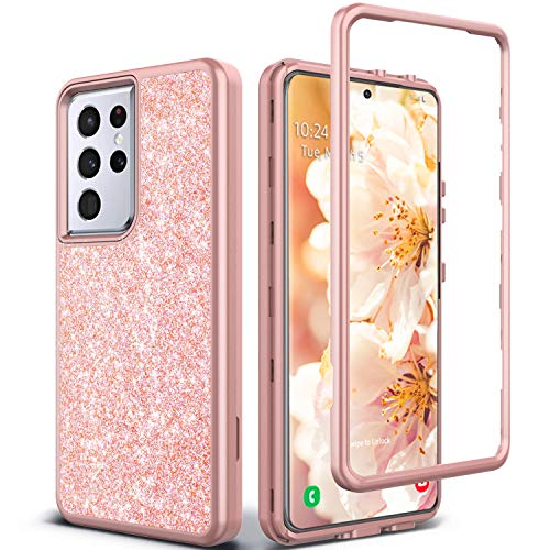 Coolwee Pink Full Protective Case for Galaxy S21 Ultra 5G Heavy Duty Hybrid 3 in 1 Rugged Shockproof Women Girls Transparent for Samsung Galaxy S21 Ultra 6.8 inch Rose Gold