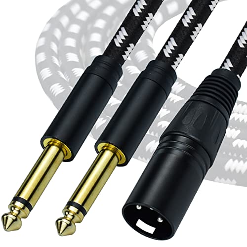 Mugteeve Dual 1/4 TS Mono to XLR Male Cable, 10FT Double Quarter Inch to XLR Y Splitter Cable, for Mixer, Electric Drum, Keyboard Stereo Main Out Cable, Heavy Duty, Cotton Braided, Black White Color