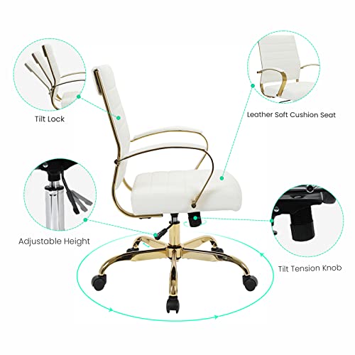 LeisureMod Benmar Modern Mid-Back Adjustable Swivel Leather Office Chair with Gold Frame (White) | The Storepaperoomates Retail Market - Fast Affordable Shopping
