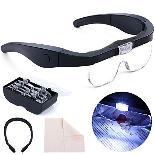 Headband Magnifier Rechargeable Magnifying Glass with LED Light Hands Free Magnifying Glass for Reading Interchangeable Magnification Lenses 1.5X 2.5X 3.5X 5X for Close Work Jewelry Hobby Crafts