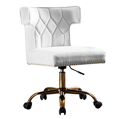 Recaceik Velvet Home Office Chair, Modern Adjustable Swivel Desk Chairs with High Back 360 Degree Castor Gold Wheels for Living Room/Bedroom/Office (Beige)