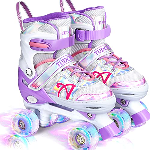 Roller Skates for Kids, Shine Skates 4 Size Adjustable Roller Skates with Light up Wheels for Girls, Teens, Outdoor Rollerskates for Beginners & Advanced | Purple, M – 13C-3Y, (Medium, Purple)