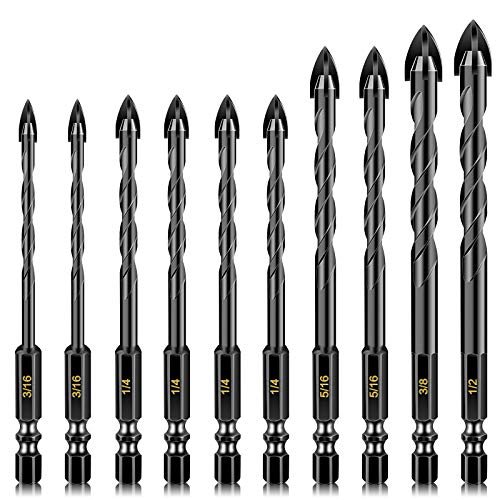 10 Pcs Masonry Drill Bits, Concrete Drill Bit Set for Tile, Brick, Glass, Plastic and Wood, Tungsten Carbide Tip Work with Ceramic Tile, Wall Mirror, Paver on Concrete or Brick Wall.
