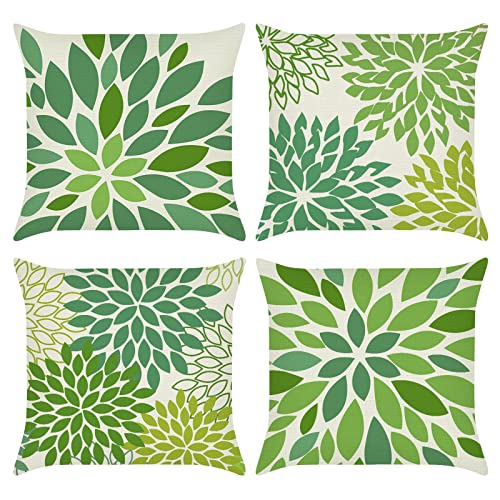 Bonhause Dahlia Pinnata Spring Pillow Covers 18 x 18 Inch Set of 4 Green Geometric Floral Decorative Throw Pillow Cases Linen Outdoor Cushion Covers for Sofa Couch Car Bedroom Home Decor