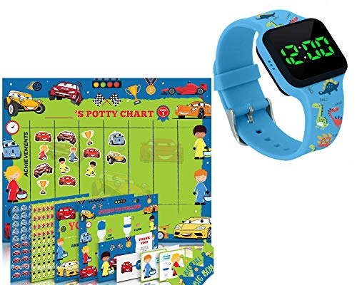 Potty Training Timer Watch With Flashing Lights And Music Tones – Dinosaur Pattern and Potty Training Chart for Toddlers – Cars and Racer Design