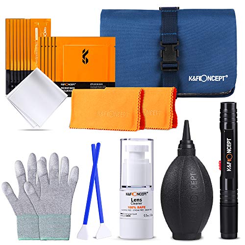 K&F Concept Professional Camera Cleaning Kit for DSLR & Mirrorless Cameras with APS-C & Full-Frame Sensor Cleaning Rods/Lens Cleaner/Gloves/Air Blower/Lens Pen Brush/Microfiber Cloths/Carrying Case