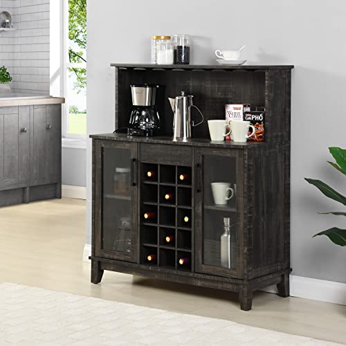 Home Source Bar Cabinet with Wine Rack and Glass Doors in Charcoal Finish