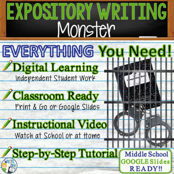 Text Analysis Expository Writing for Monster by Walter Dean Myers – Distance Learning or In Class, Independent Student Instruction, Video, PPT, Worksheets, Rubric, Graphic Organizer, Google Slides