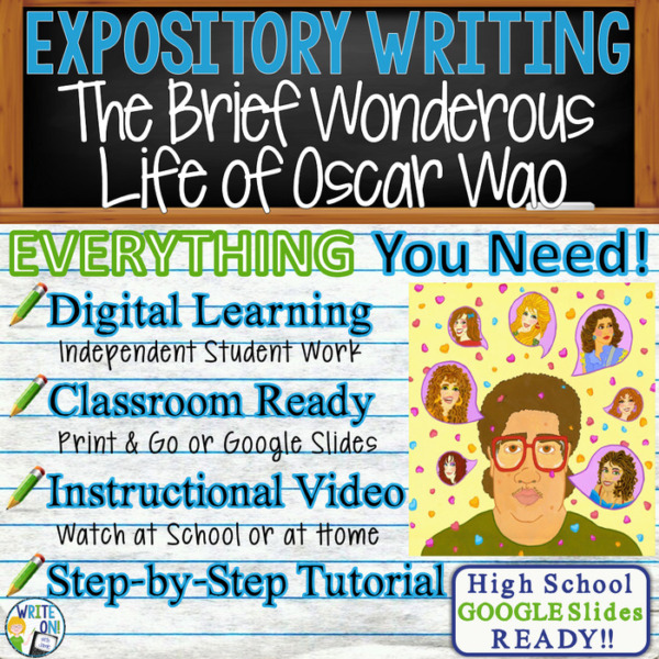 Text Analysis Expository Writing for The Brief Wonderous Life of Oscar Wao – Distance Learning, In Class, Independent Instruction, Video, PPT, Worksheets, Rubric, Graphic Organizer, Google Slides