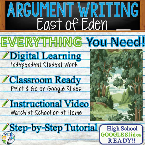 Text Dependent Analysis Argument Writing for East of Eden Distance Learning or In Class, Independent Student Instruction, Instructional Video, PPT, Worksheets, Rubric, Graphic Organizer, Google Slides