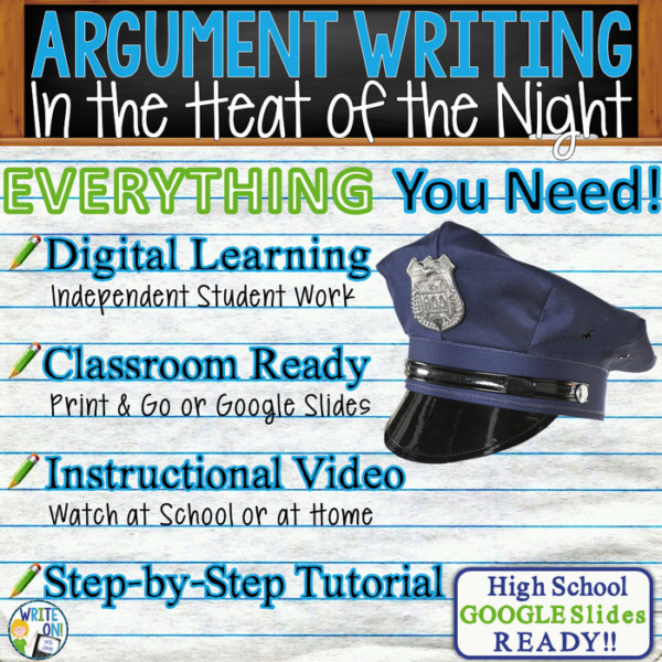 Text Dependent Analysis Argument Writing for In the Heat of the Night – Distance Learning, In Class, Independent Student Instruction, Video, PPT, Worksheets, Rubric, Graphic Organizer, Google Slides