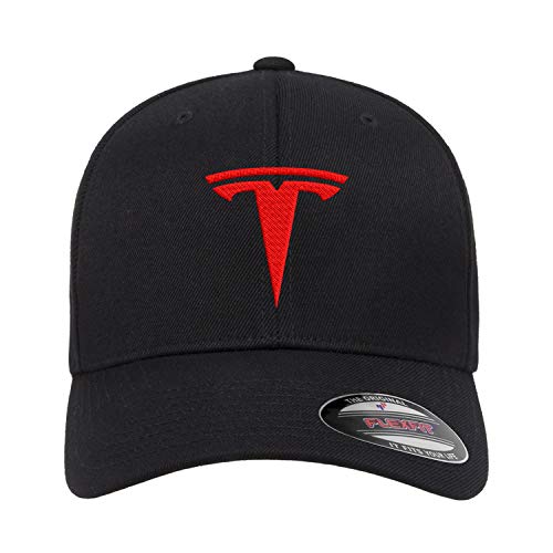 Tesla Motors Flex Fit Hat Baseball Cap Embroidered Flat Curved Brim (Curved Brim, Large/XLarge, Black Hat White Thread)