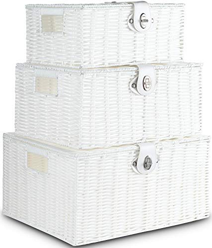 Honygebia White Woven Storage Baskets – Decorative Nesting Boxes with Lids and Locks, Easy Clean (Set of 3)