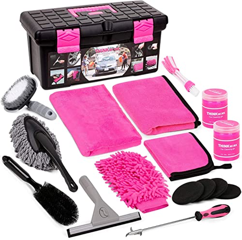 Car Wash Kit, Pink Car Cleaning Kit Interior and Exterior, Car Accessories for Women – Cleaning Gel, Microfiber Cleaning Cloth, Car Wash Mitt, Duster, Squeegee, Microfiber Wax Applicator(17pcs)
