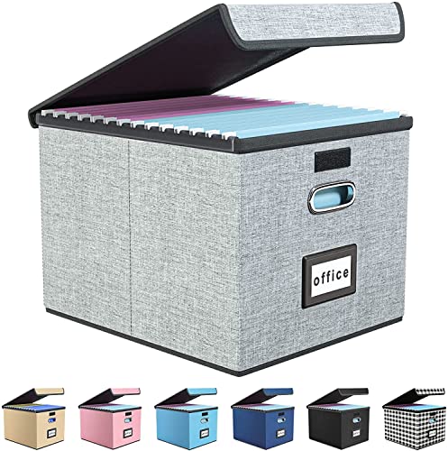 Huolewa Upgraded Portable File Organizer Box with Lids, Collapsible Linen Hanging Filing Storage Boxes with Plastic Slide, Decorative Home/Office Filing System for File and Folders Storage (Gray)