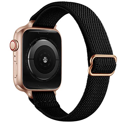 SICCIDEN Slim Stretchy Bands Compatible with Apple Watch Band 41mm 40mm 38mm, Women Elastics Nylon Thin Band Strap for iWatch SE2 SE Series 8 7 6 5 4 3 2 1 (Black/Rose Gold, 41mm 40mm 38mm)