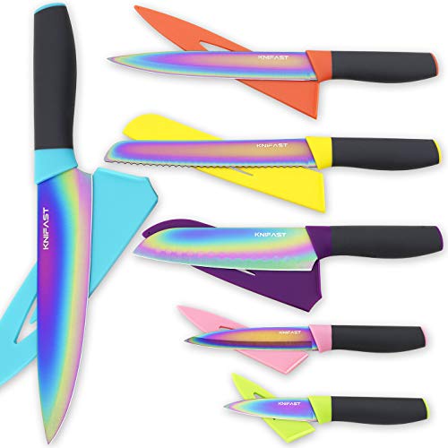 KNIFAST Kitchen Knife set Rainbow Titanium Coated – 12 Pcs Knife Set with Blade Guards, Dishwasher Safe, Razor Sharp German Stainless Steel Blade and Comfortable Handle