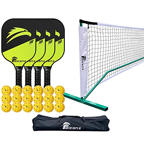 Falconz Pickleball Net and Pickleball Set Bundle – 1 Portable Regulation Size Pickleball Net for Outdoor and Indoor with 4 Graphite Pickleball Paddles and 18 Pickleball Balls