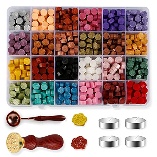 608PCS Sealing Wax, Nafaboig Sealing Wax Sticks with 24 Colors Wax Seal Beads, 4 White Tea Candles, Sealing Wax Melting Spoon and 2PCS Wax Stamp for Wax Sealing, Crafts and Decoration