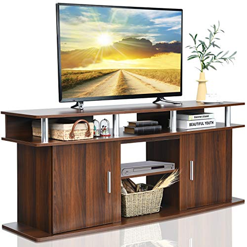 Tangkula Modern TV Stand for TVs up to 70 Inches, Living Room Console Table w/2 Cabinets & Open Shelves, Media Entertainment Center for 18 Inches Electric Fireplace (Not Included) (Cherry)