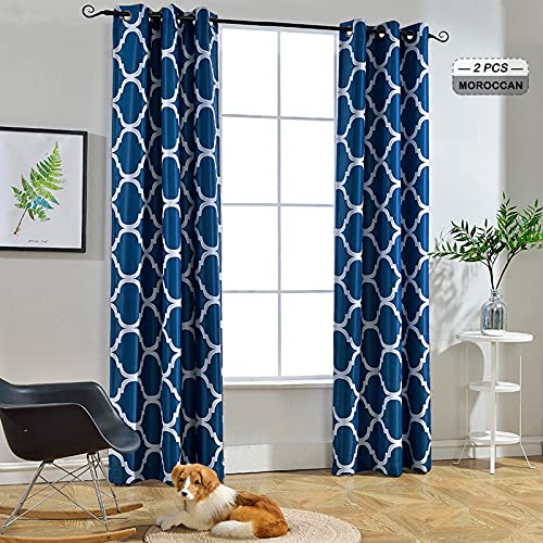 Melodieux Moroccan Fashion Thermal Insulated Room Darkening Blackout Grommet Curtains for Living Room, 42 by 63 Inch, Navy (2 Panels)