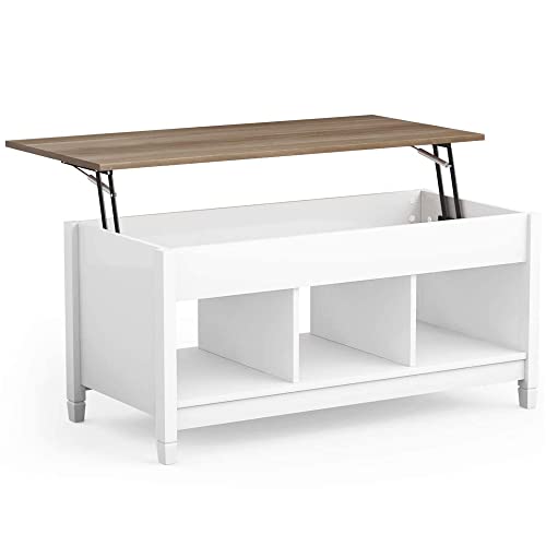 FANTASK Lift Top Coffee Table, Wood Pop-Up Storage Coffee Table w/Hidden Compartment & Display Shelves, Accent Lift Tabletop Dining Table for Home Office Living Room (White Brown)