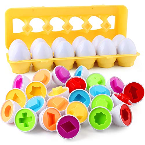Color Shape Maching Eggs 12 Pcs, Easter Educational Maching Egg Set Toy with Yellow Holder,Early Learning Shapes & Sorting Recognition Puzzle Skills Study for Toddlers Baby Easter Basket Stuffers Gift