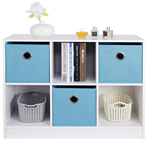 ZenStyle 3×2 Cubic Bookcase Storage Shelves 6 Cube Organizer Bookshelf Wooden Bookcase Cube Storage Cabinet with 3 Non-Woven Bins, White/Light Blue