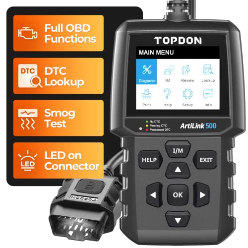 OBD2 Scanner TOPDON AL500 Code Reader, Car Check Engine Light CAN Diagnostic Tool with 10 OBD2 Functions, Turn Off MIL, O2 Sensor Test, Mode 6, EVAP Test, Updateable, DTC Lookup, LED Light