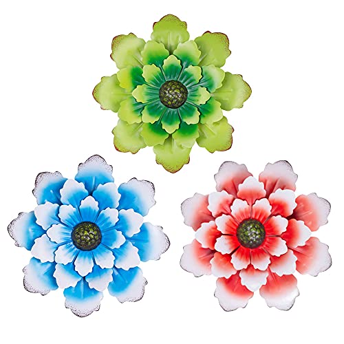 TIANCENTRAL H Rustic Metal Flower Farmhouse Home Decor Durable Wall Art Hanging Flowers for Living room Bedroom Bathroom Decor Indoor Outdoor Garden Decor Flowers Green/Rust Red /Blue Pack 3 by 12.5″