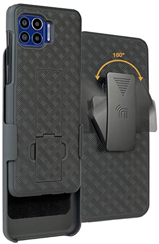 Case with Clip for Moto One 5G, Nakedcellphone [Black Tread] Kickstand Cover with [Rotating/Ratchet] Belt Hip Holster Combo for Motorola Moto One 5G Phone (XT2075)