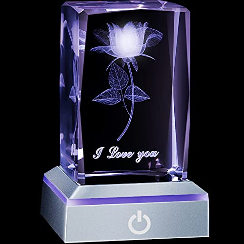 I Love You Forever Birthday Gifts for Girlfriend Boyfriend Wife Mom Christmas I Love You Gifts 3D Crystal with LED Color Night Light for Her Cute Long Distance Friendship (Rose Style)
